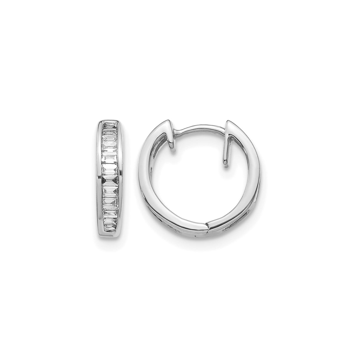 14k White Gold Hoop Earrings with Channel Set Baguette Cubic Zirconia, Polished Finish