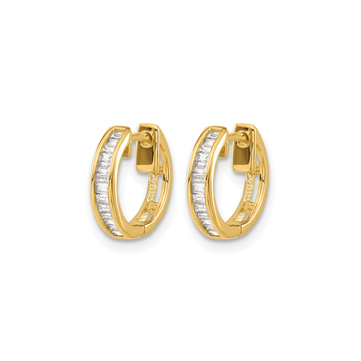 14k Yellow Gold Hoop Earrings with Channel Set Baguette Cut Diamonds, Minimalist Style for Women