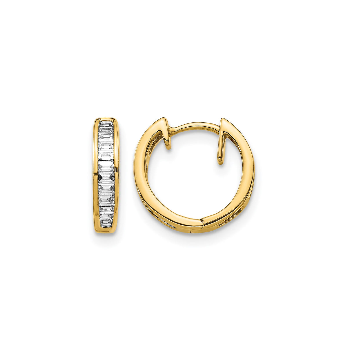 14k Yellow Gold Hoop Earrings with Channel Set Baguette Cut Diamonds, Minimalist Style for Women