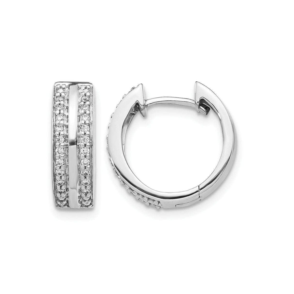 10k White Gold Hoop Earrings with Pave Diamond Accents, Polished Stripe Design, Hinged Closure
