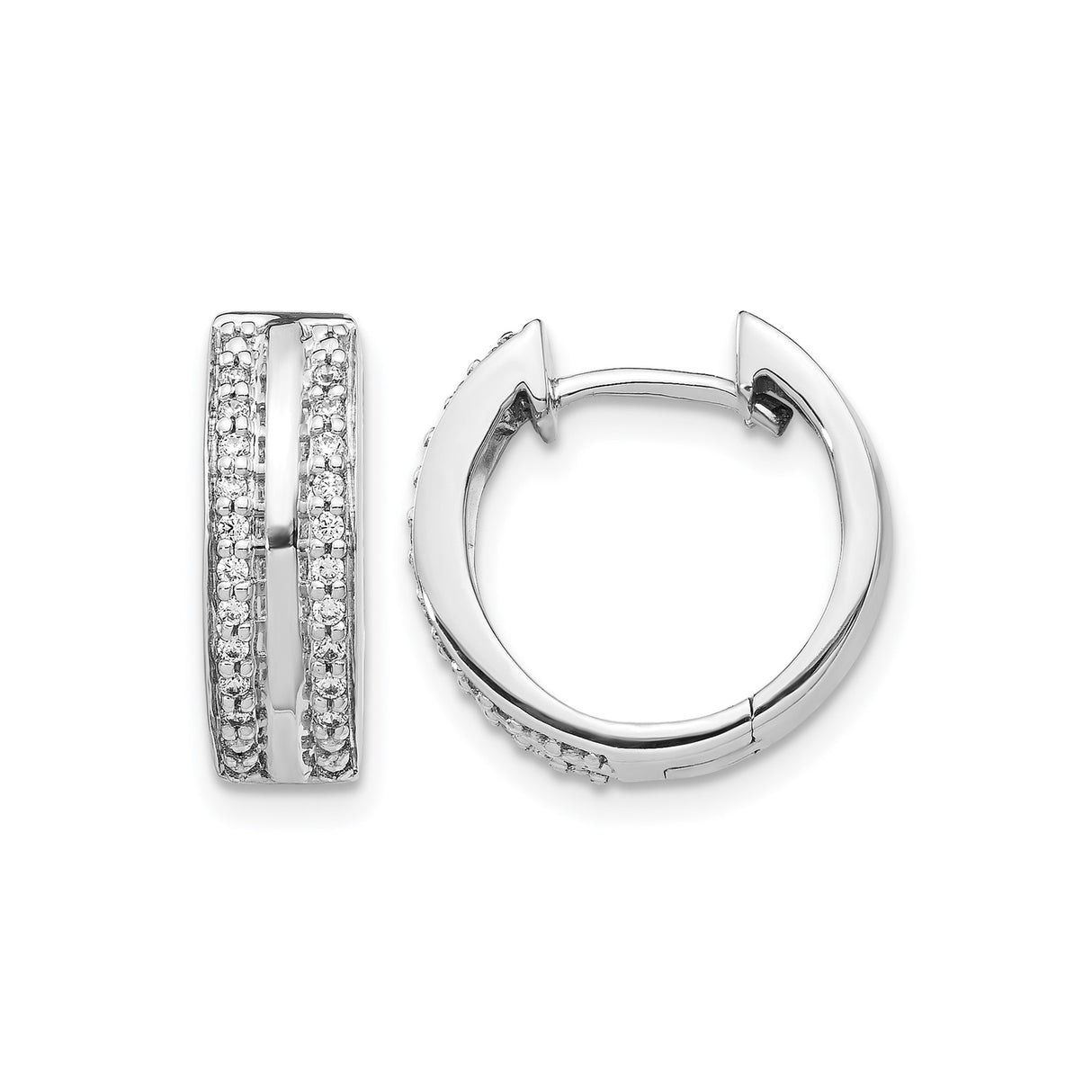 14k White Gold Hoop Earrings with Channel Set Diamond Accents, Hinged Closure, Modern Design