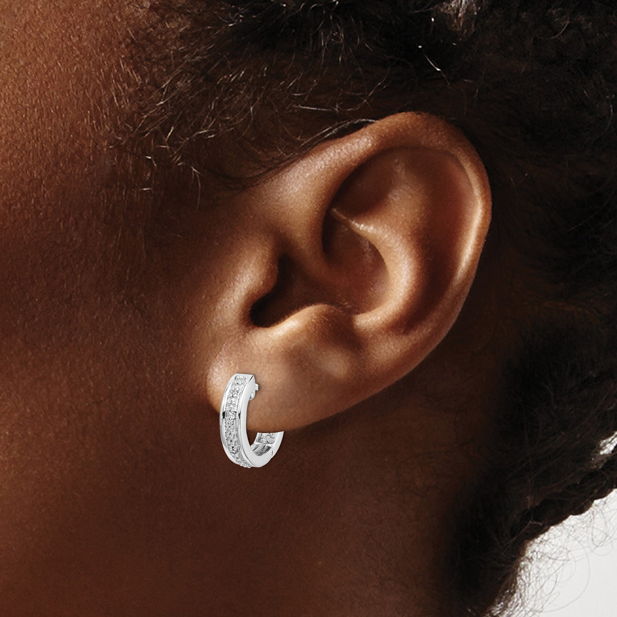 14k White Gold Diamond Hoop Earrings with Textured Center and Polished Finish