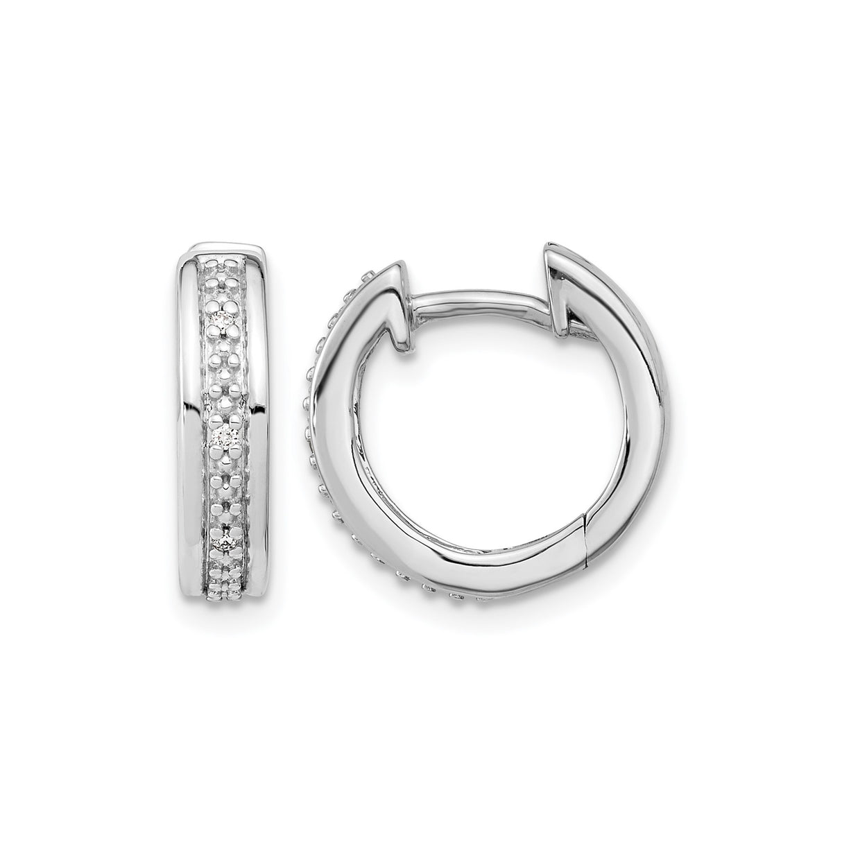 14k White Gold Diamond Hoop Earrings with Textured Center and Polished Finish