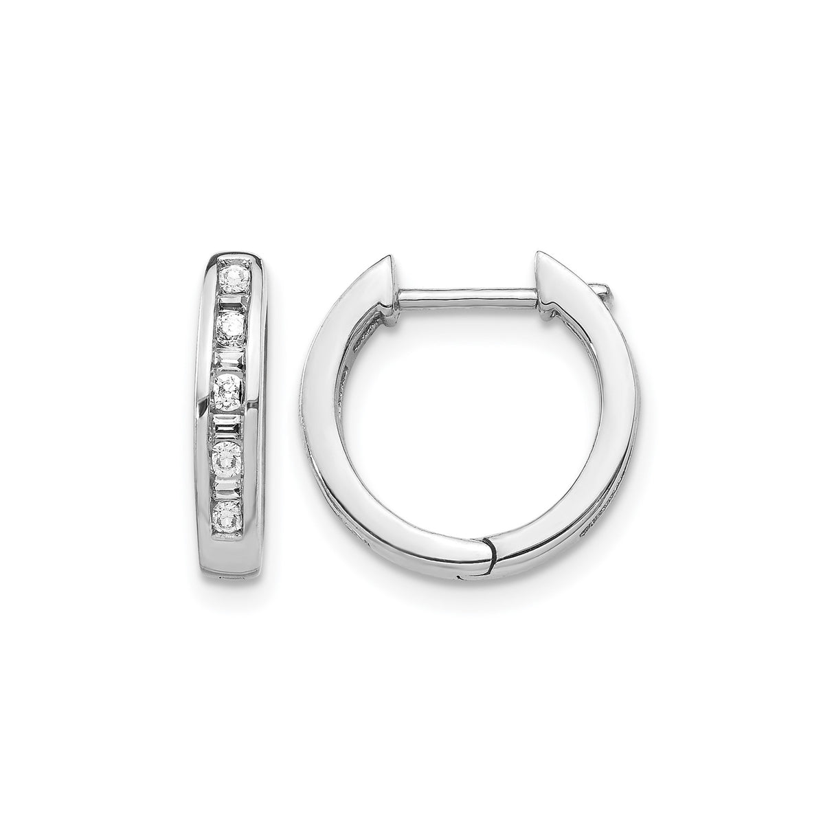 10k White Gold Hoop Earrings with Round Cut Diamonds, Channel Set Huggies, Minimalist Style