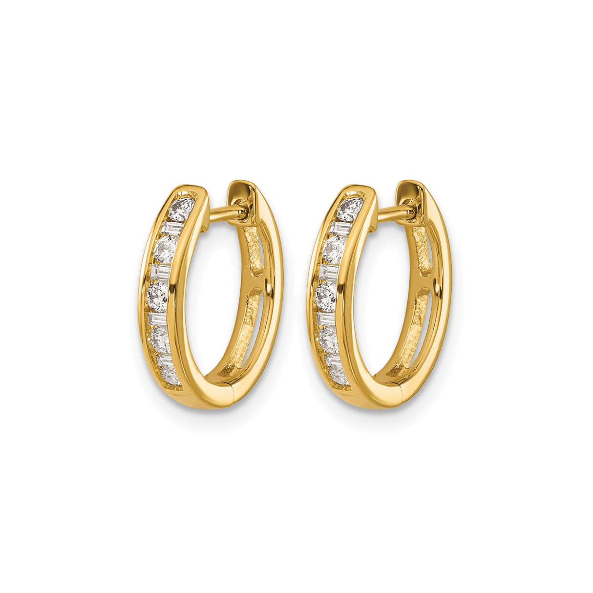 10k Yellow Gold Hoop Earrings with Channel Set Round and Baguette Cut Clear Stones