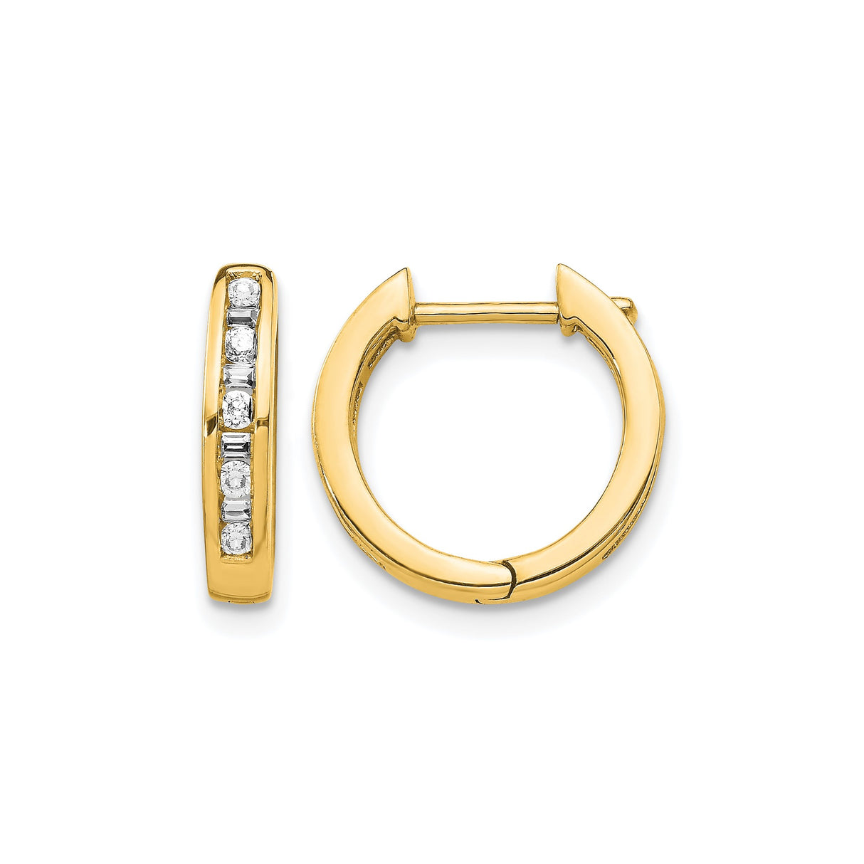 10k Yellow Gold Hoop Earrings with Channel Set Round and Baguette Cut Clear Stones