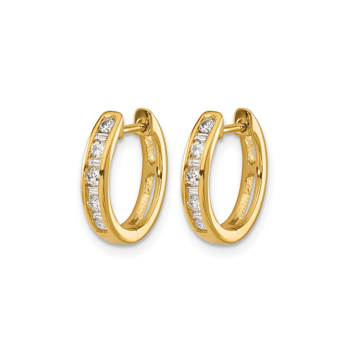 14k Yellow Gold Hoop Earrings with Channel Set Round Diamonds, Classic Huggie Style