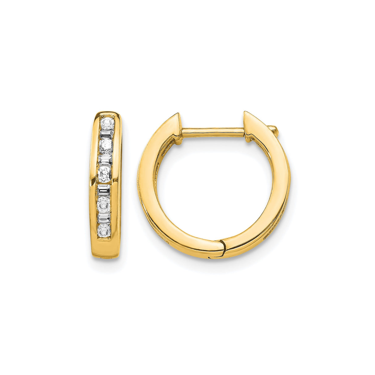 14k Yellow Gold Hoop Earrings with Channel Set Round Diamonds, Classic Huggie Style