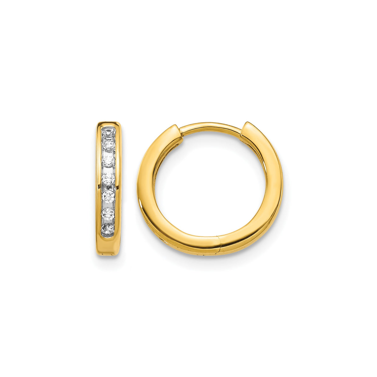 10k Yellow Gold Hoop Earrings with Channel Set Diamonds, Classic Lightweight Design for Women
