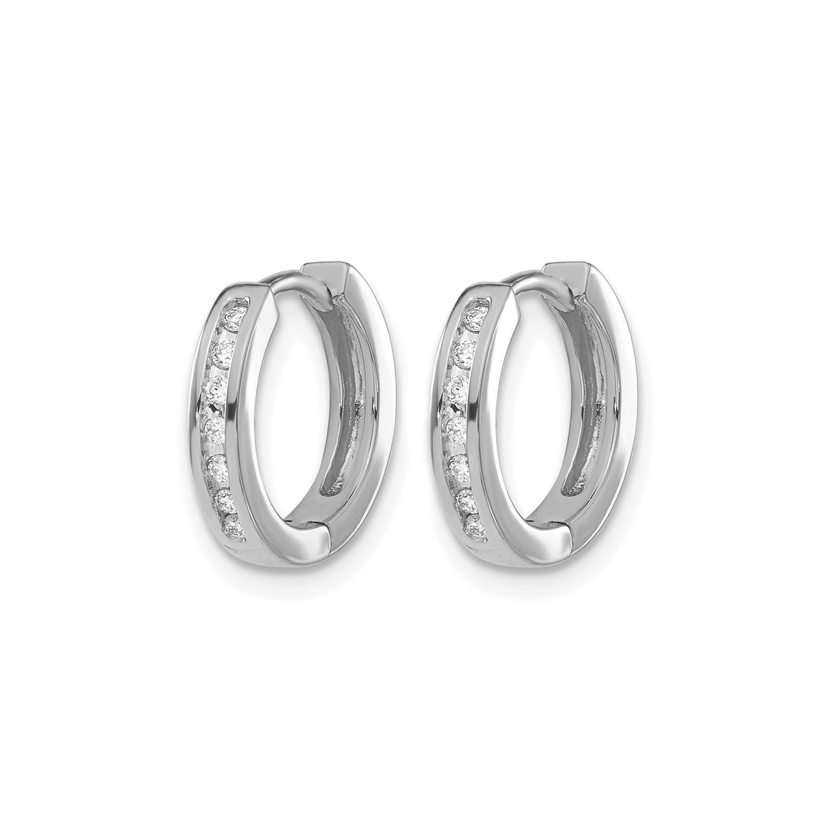 14k White Gold Diamond Huggie Hoop Earrings, Channel Set Round Cut, Small Lightweight Design