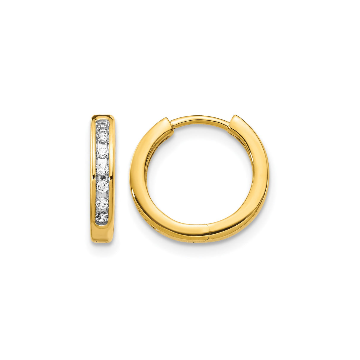 14k Yellow Gold Hoop Earrings with Channel-Set Diamonds, Polished Lightweight Design for Women
