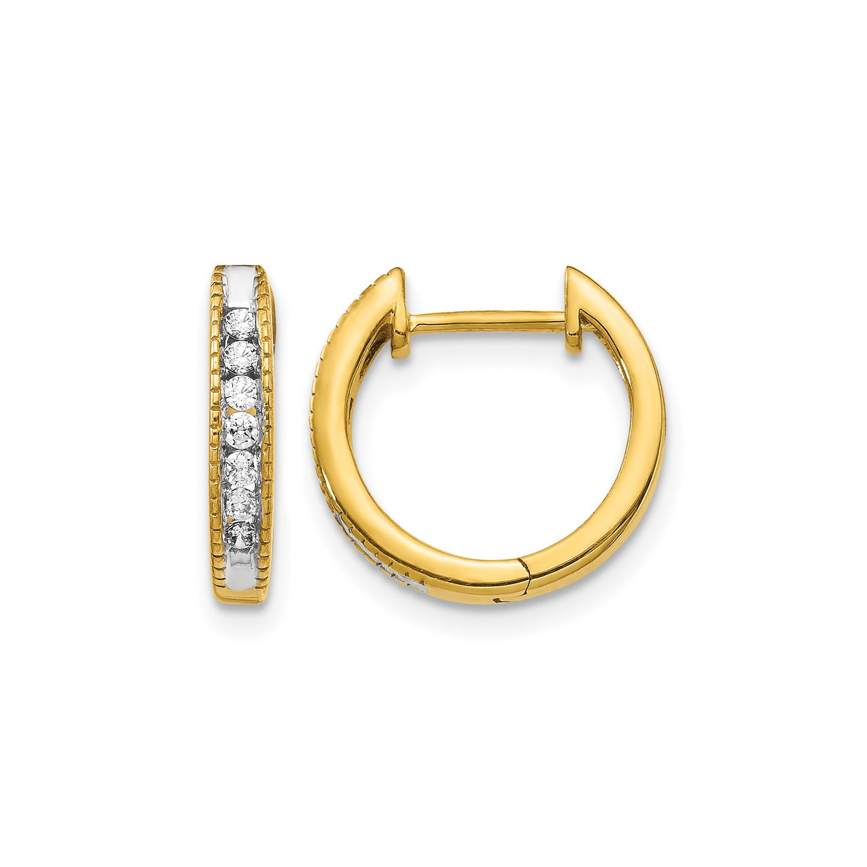 10k Yellow Gold Hoop Earrings with Channel Set Diamonds, Polished Finish, Hinged Design