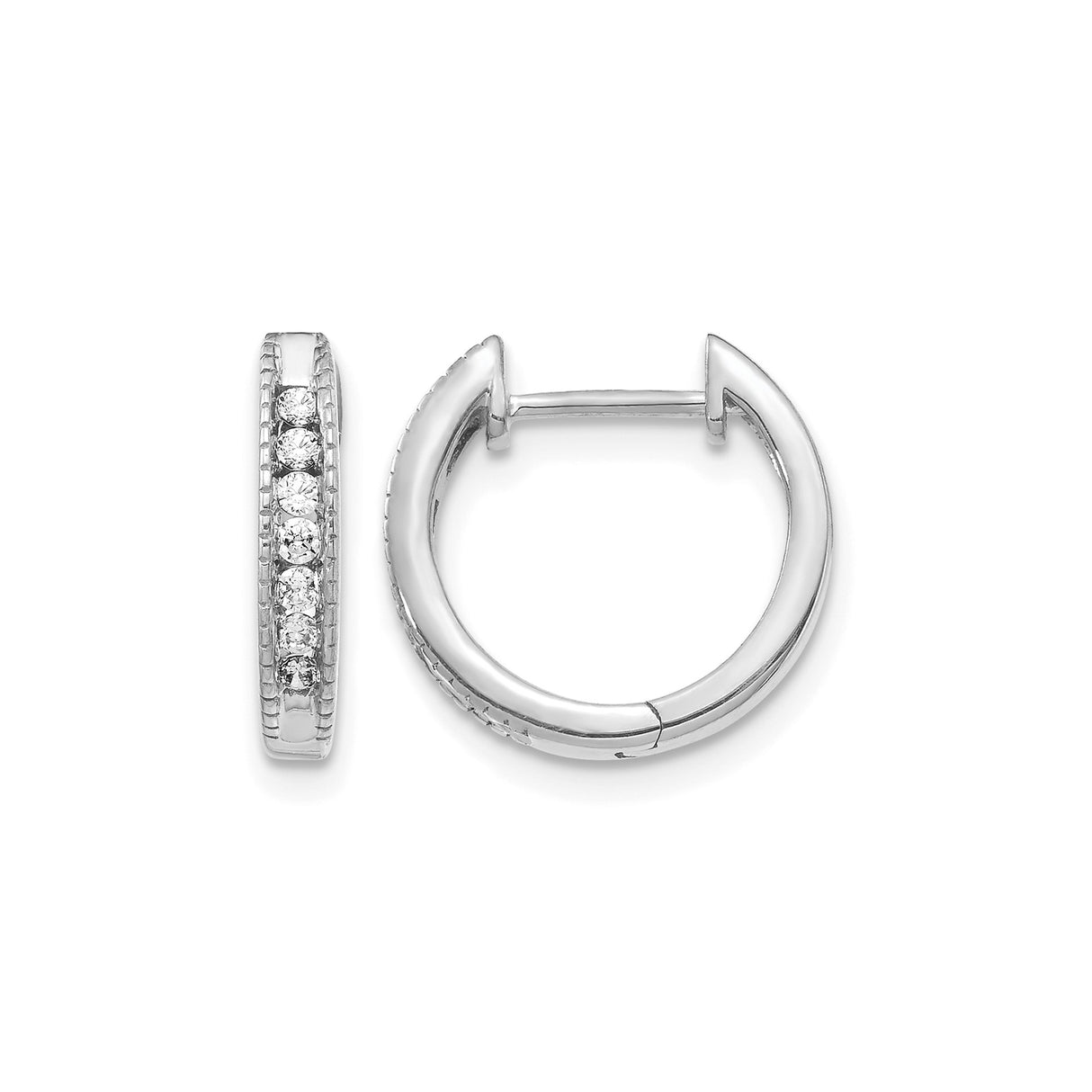 14k White Gold Hoop Earrings with Round Cut Diamonds in Channel Setting