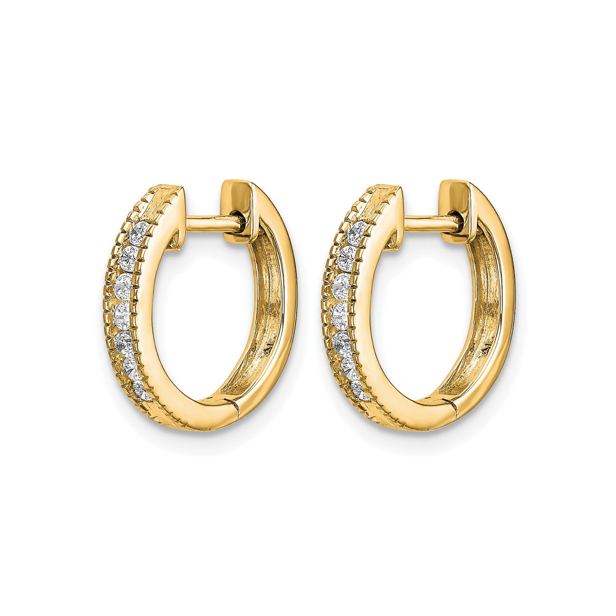 14k Yellow Gold Hoop Earrings with Channel Set Round Diamonds, Two Tone Huggie Style