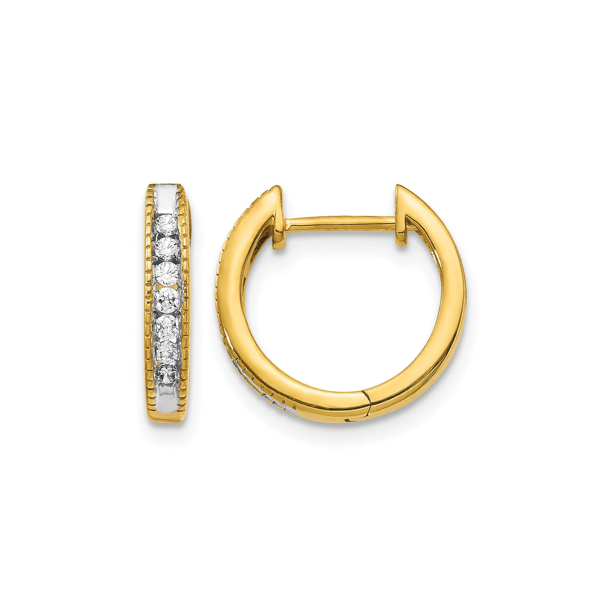 14k Yellow Gold Hoop Earrings with Channel Set Round Diamonds, Two Tone Huggie Style