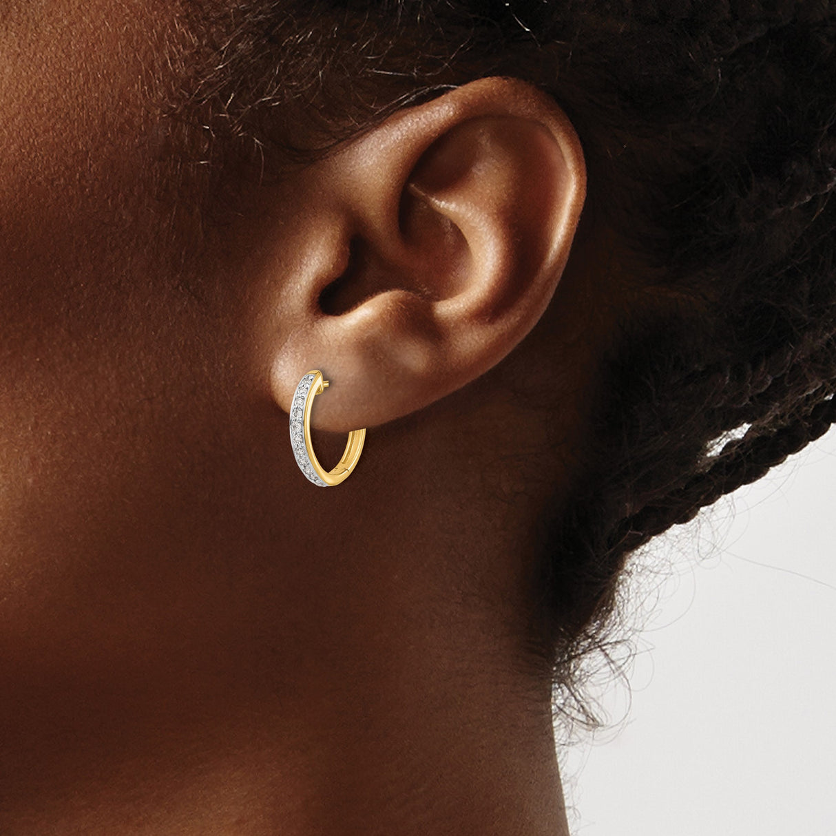 10k Yellow Gold Hoop Earrings with Clear Round Stones, Polished Front-Facing Design for Women