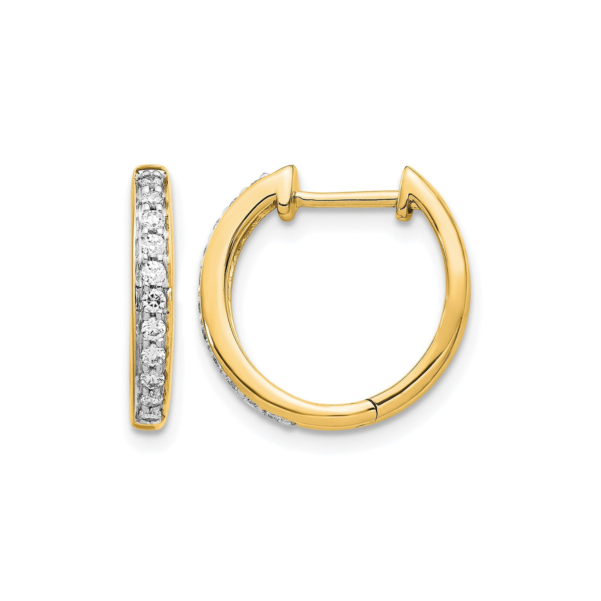 10k Yellow Gold Hoop Earrings with Clear Round Stones, Polished Front-Facing Design for Women