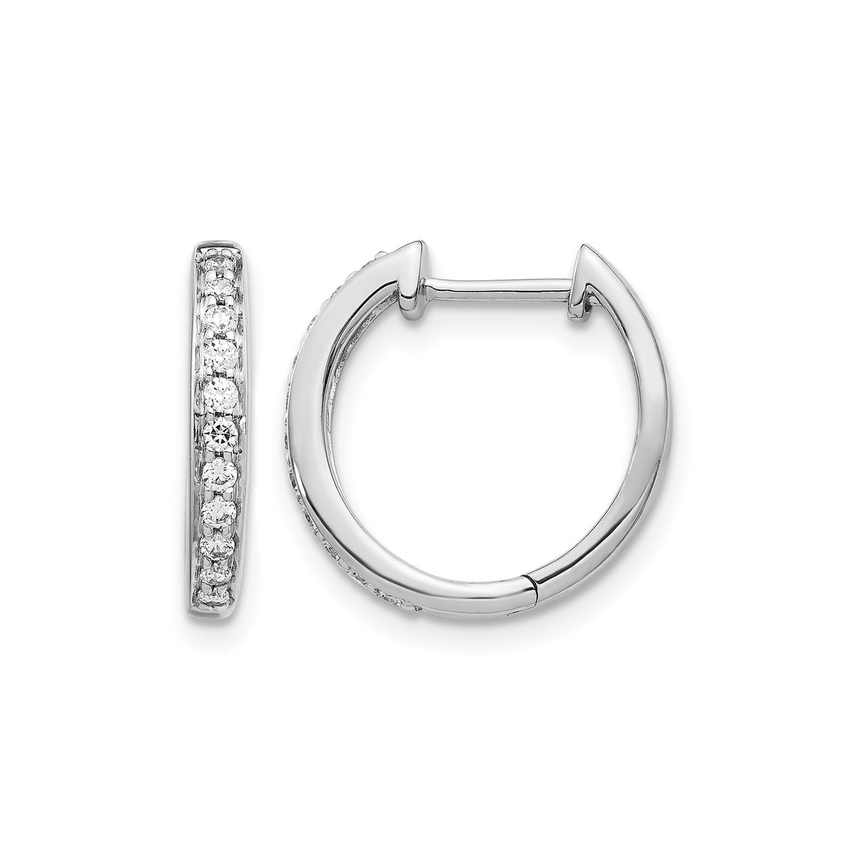 14k White Gold Diamond Hoop Earrings with Round Cut Diamonds, Sleek Hinged Design