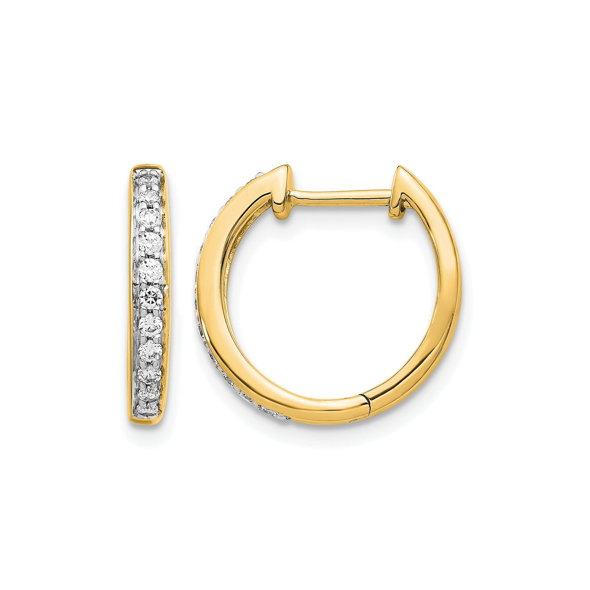 14k Yellow Gold Hoop Earrings with Channel Set Round Diamonds, Classic Lightweight Style for Women
