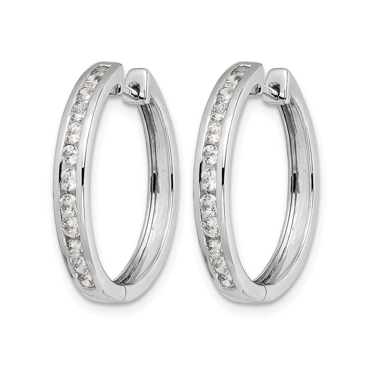 14k White Gold Hoop Earrings with Round Cut Diamonds in Channel Set Design