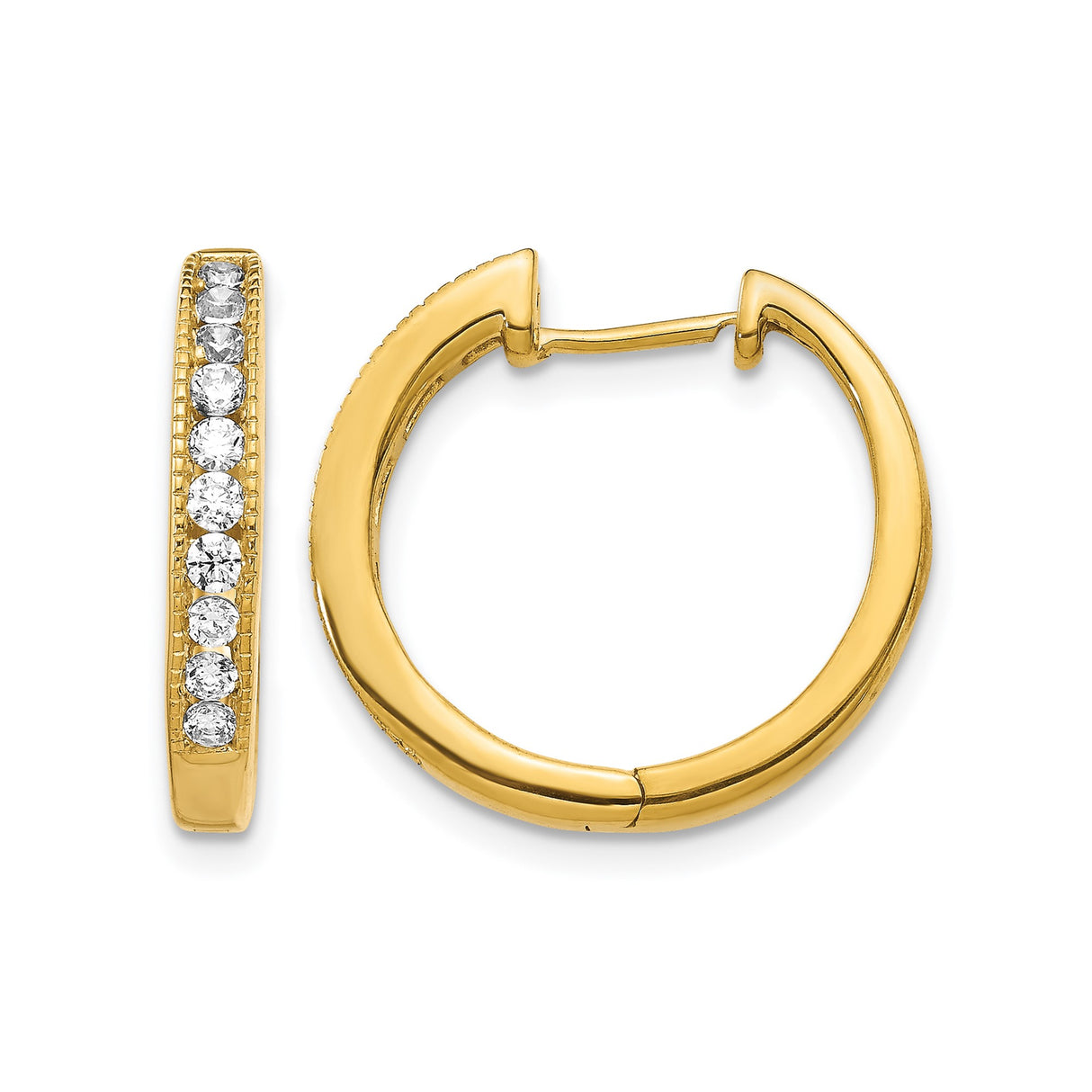14k Yellow Gold Hoop Earrings with Round Cut Diamond Accents, Channel Setting, Classic Style