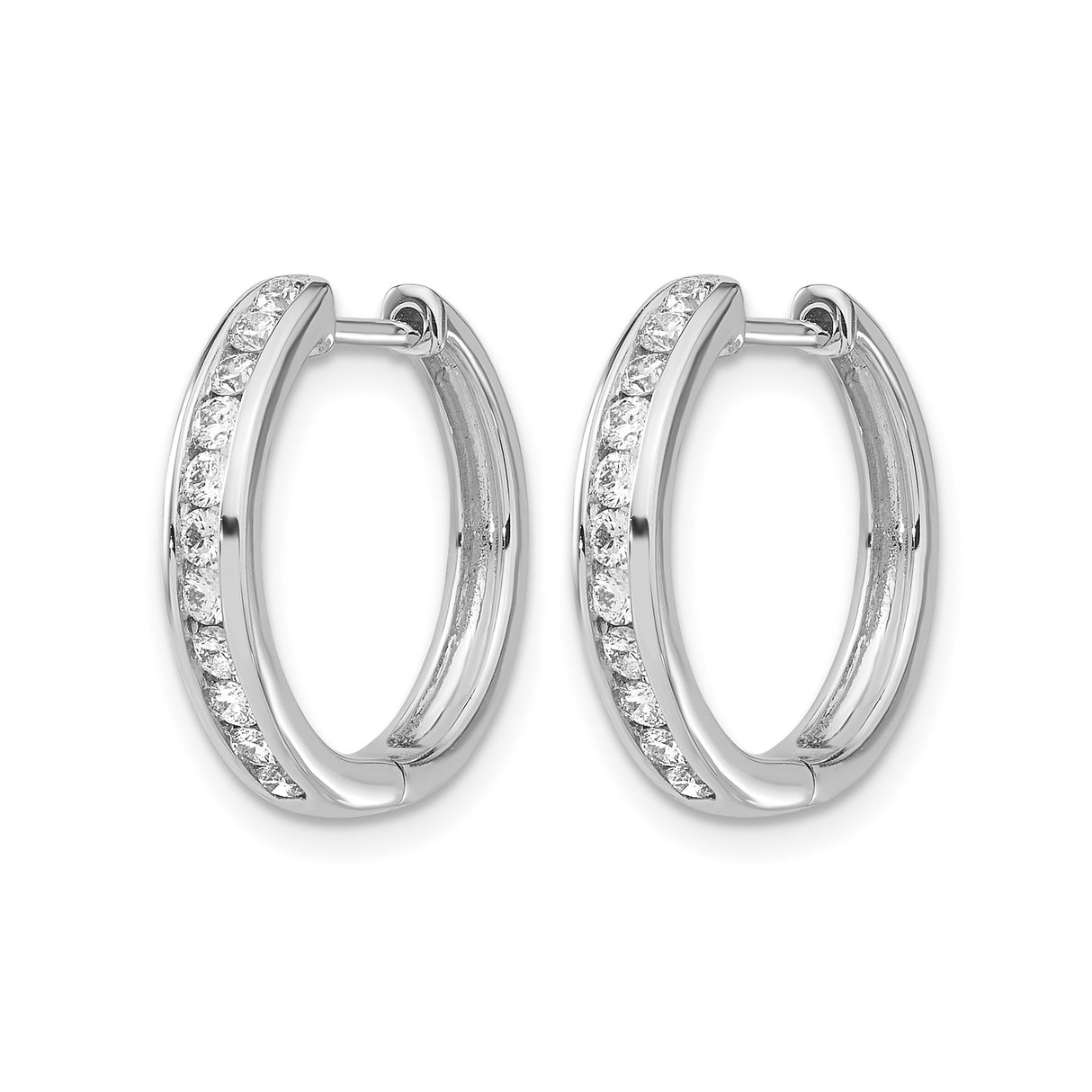 10k White Gold Huggie Earrings with Channel Set Round Cut Diamonds, Small Hoop Design