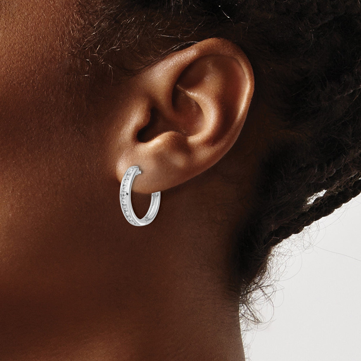 10k White Gold Huggie Earrings with Channel Set Round Cut Diamonds, Small Hoop Design