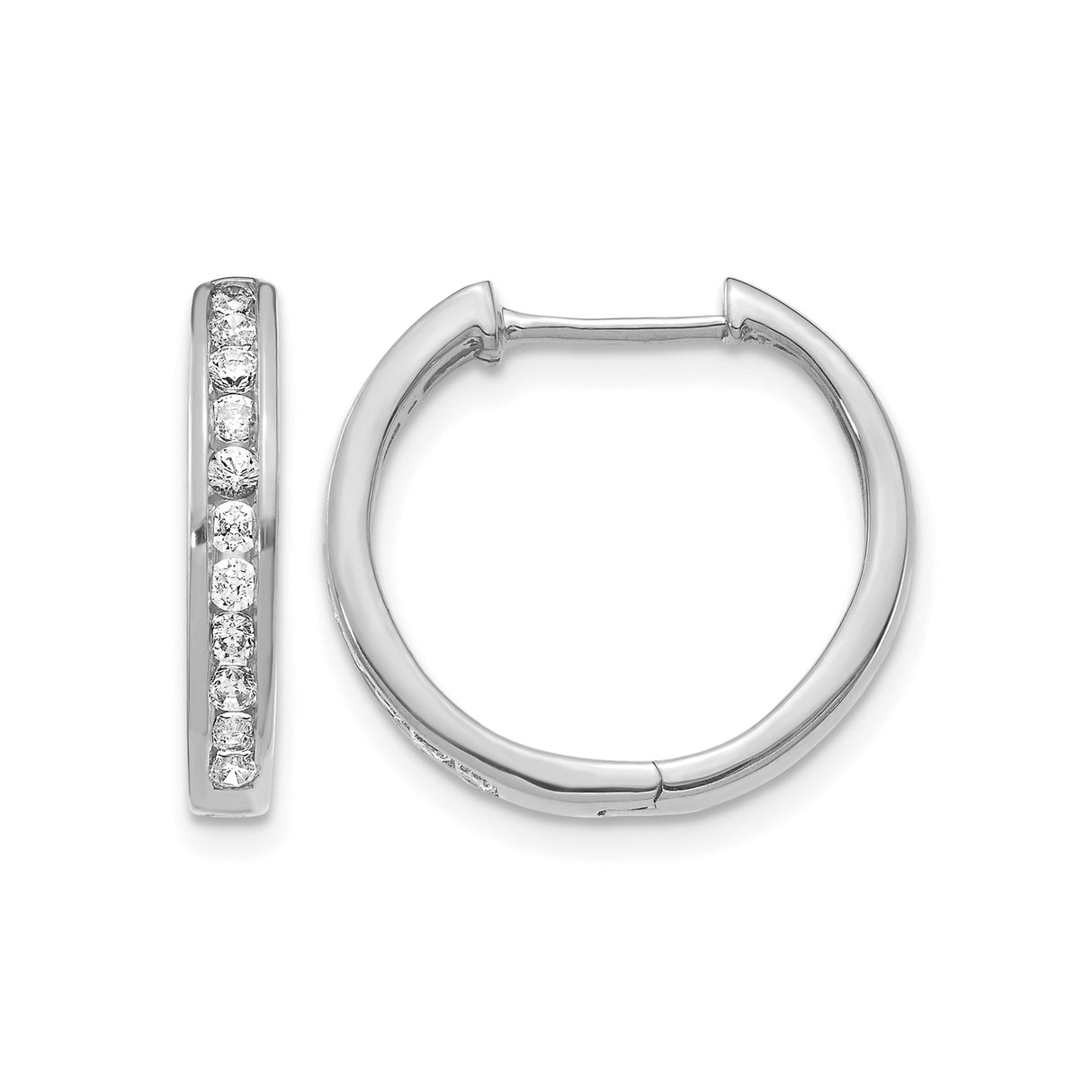 10k White Gold Huggie Earrings with Channel Set Round Cut Diamonds, Small Hoop Design