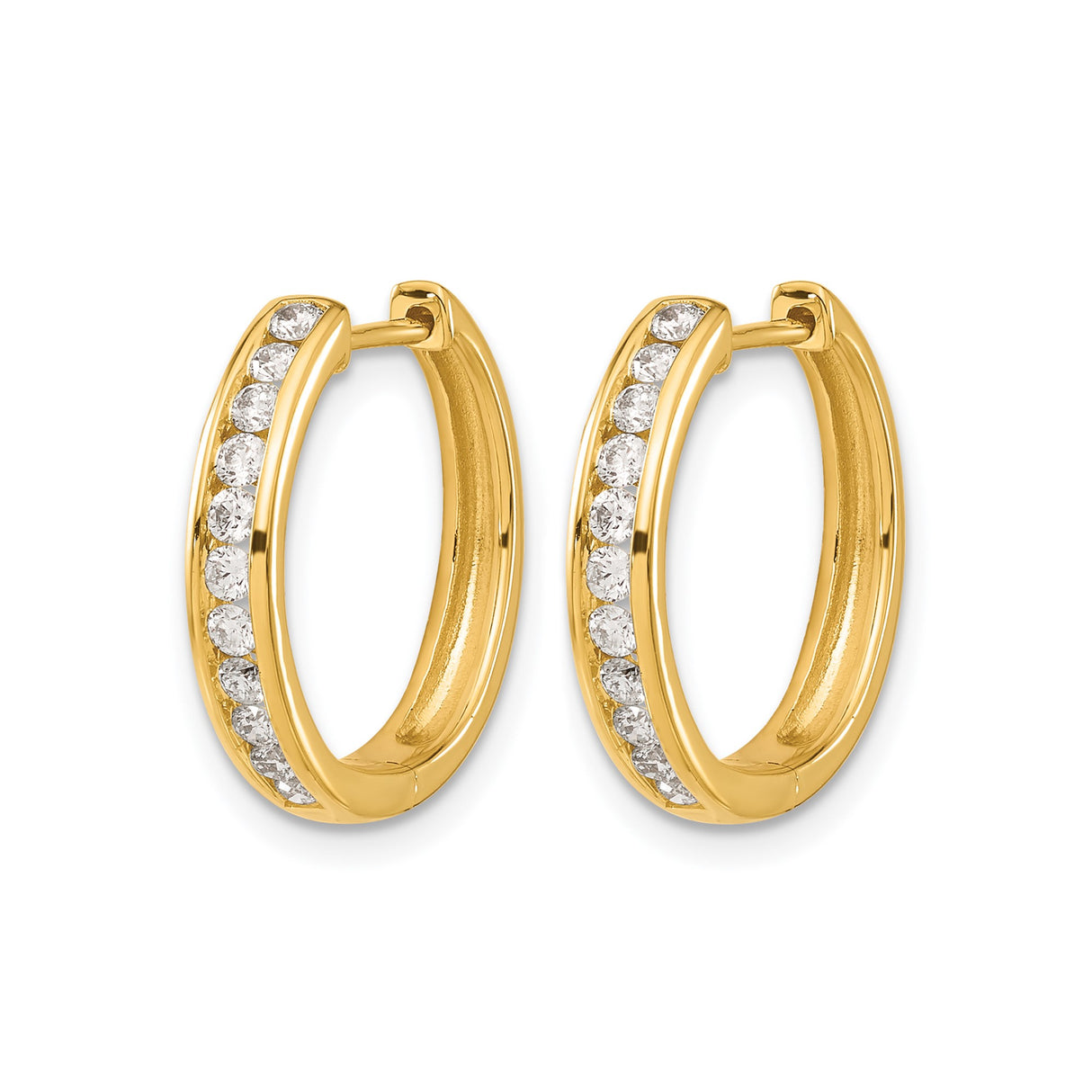 10k Yellow Gold Hoop Earrings with Channel Setting and Round White Stones, Lightweight Classic Design