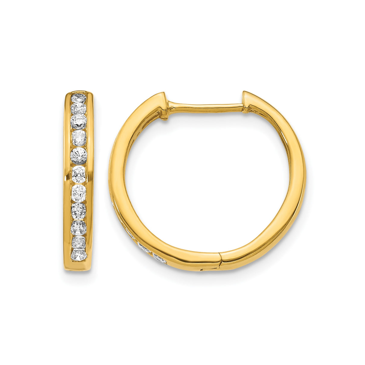 10k Yellow Gold Hoop Earrings with Channel Setting and Round White Stones, Lightweight Classic Design