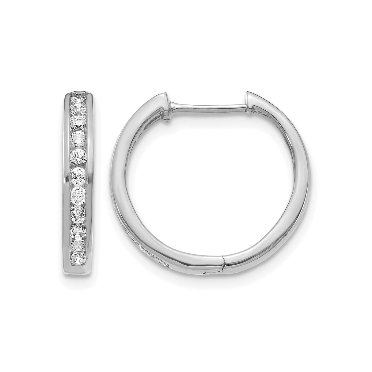 14k White Gold Diamond Hoop Earrings with Channel Set Round Cut Diamonds