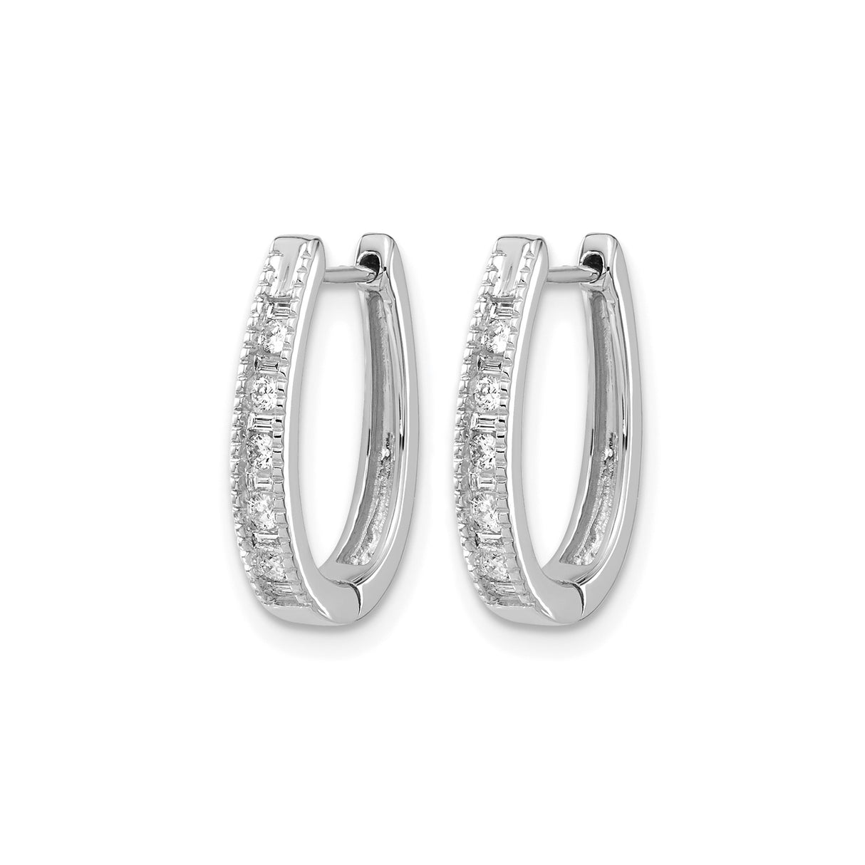 10k White Gold Oval Hoop Earrings with Channel-Set Diamonds, Polished Finish, Huggie Style