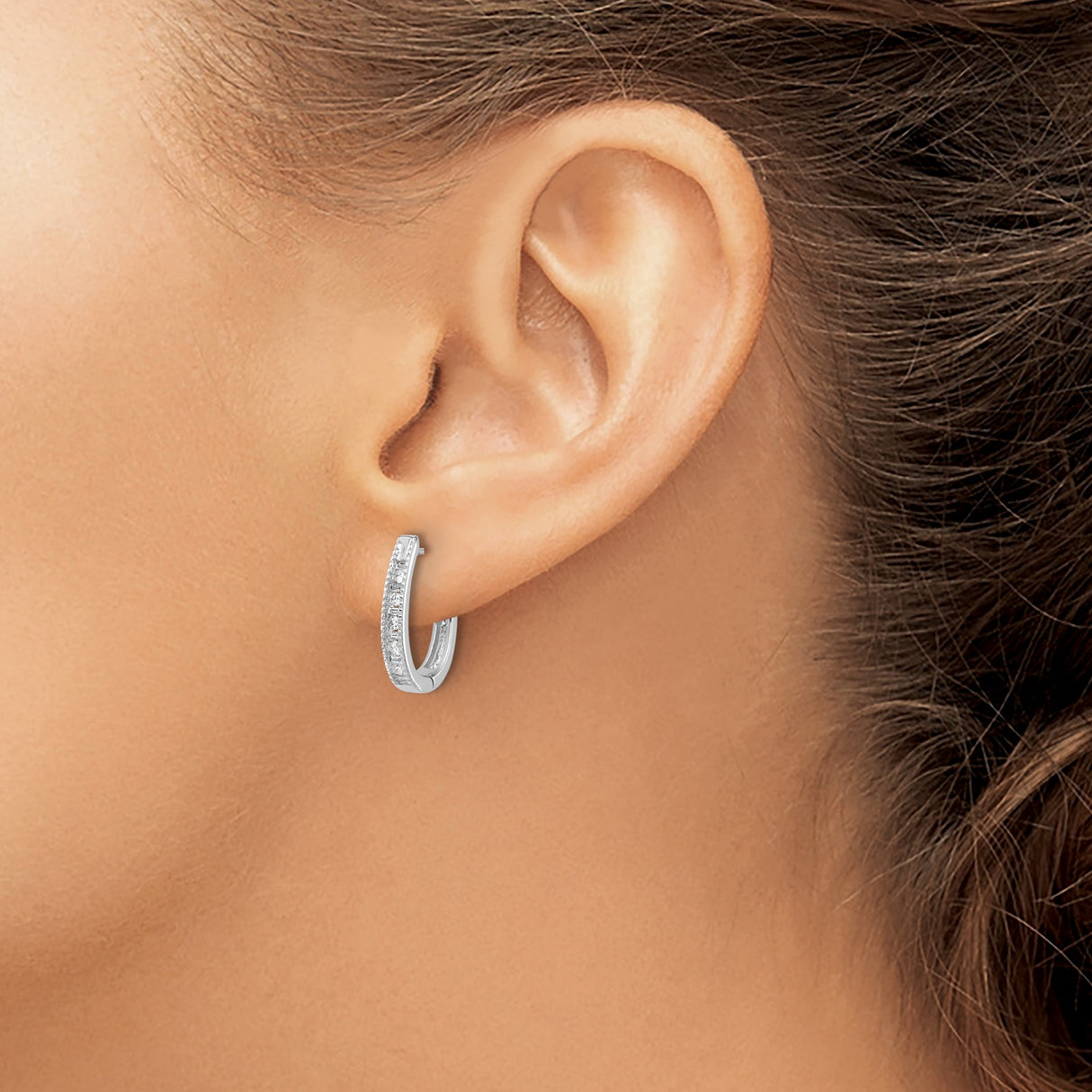 10k White Gold Oval Hoop Earrings with Channel-Set Diamonds, Polished Finish, Huggie Style