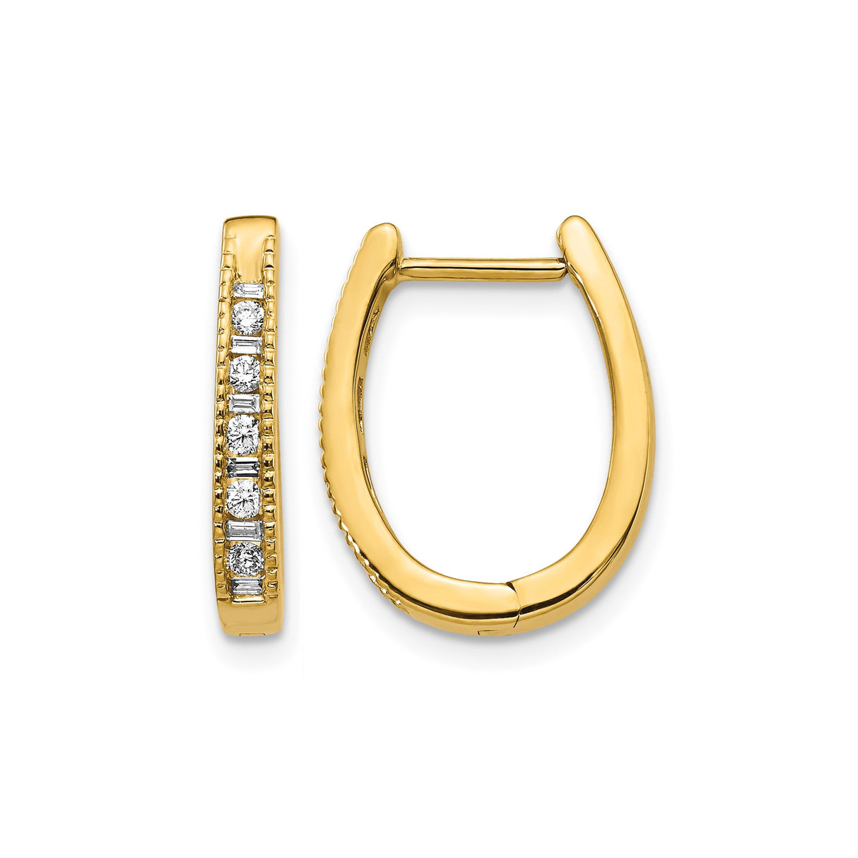 10k Yellow Gold Huggie Hoop Earrings with Baguette and Round Cubic Zirconia, Modern Lightweight Design