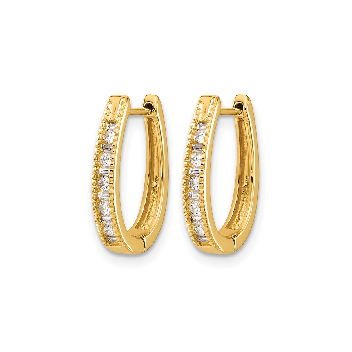 14k Yellow Gold Hoop Earrings with Round and Baguette Diamonds, Channel Set