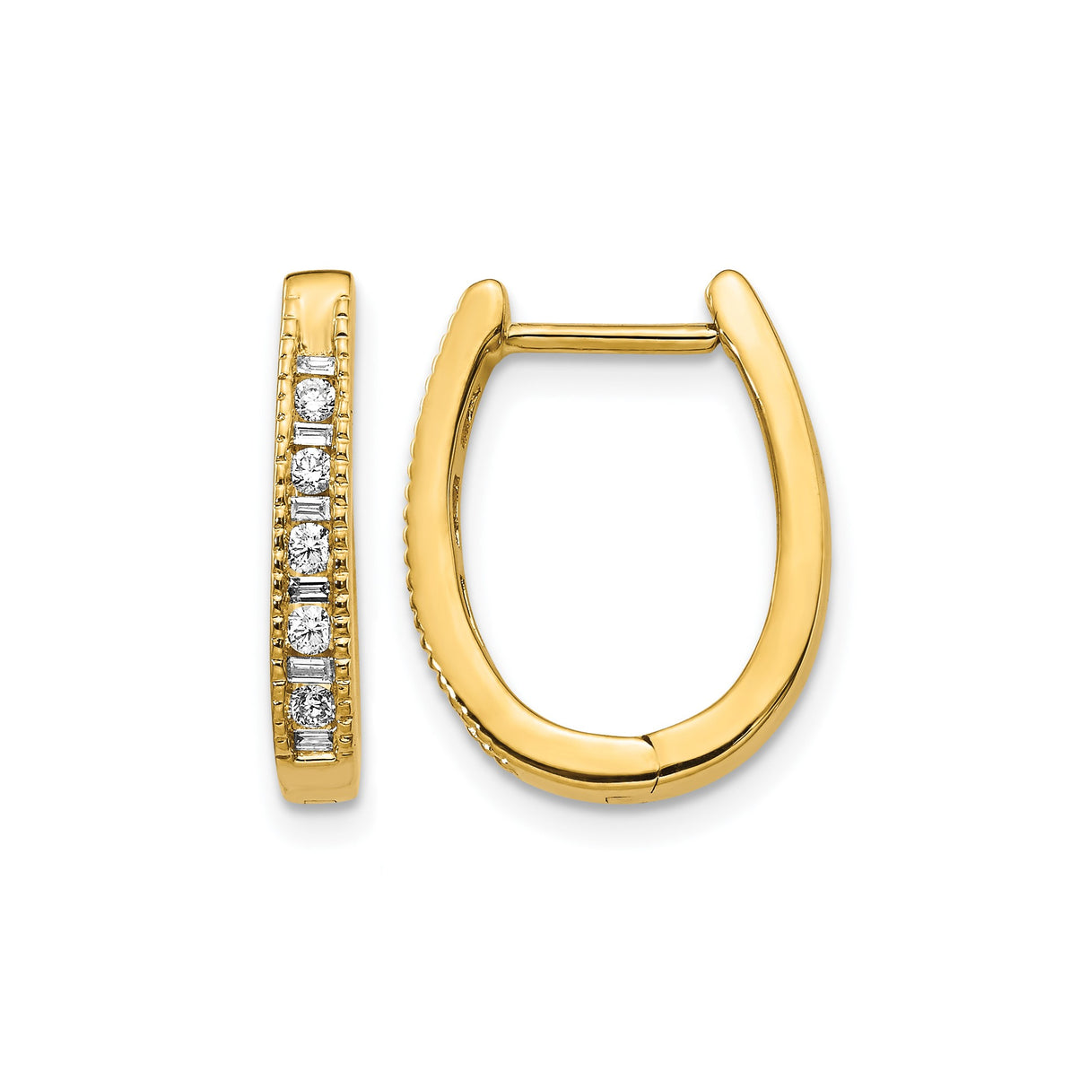 14k Yellow Gold Hoop Earrings with Round and Baguette Diamonds, Channel Set