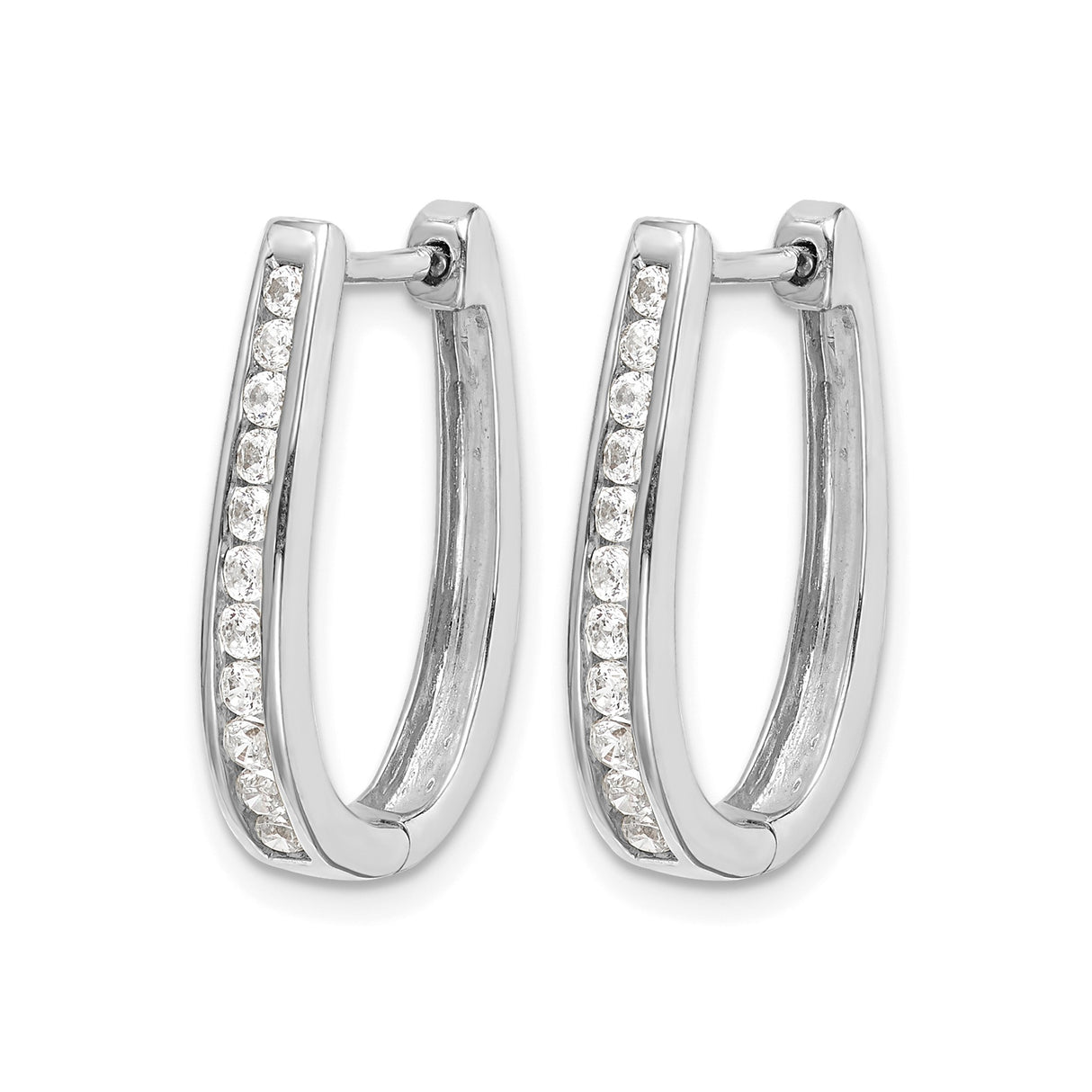 10k White Gold Hoop Earrings with Cubic Zirconia, U-Shape Design, Hinged Back
