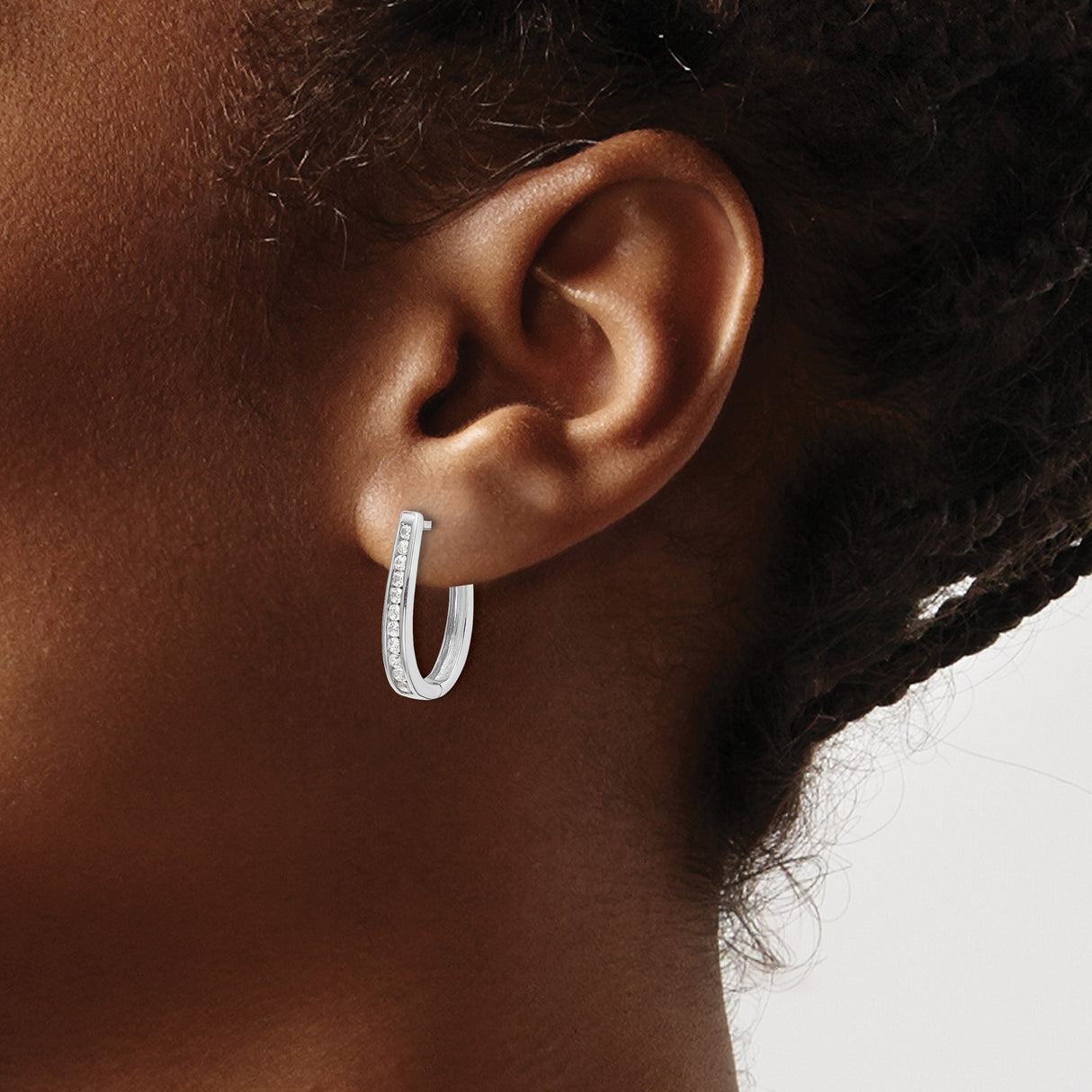 10k White Gold Hoop Earrings with Cubic Zirconia, U-Shape Design, Hinged Back