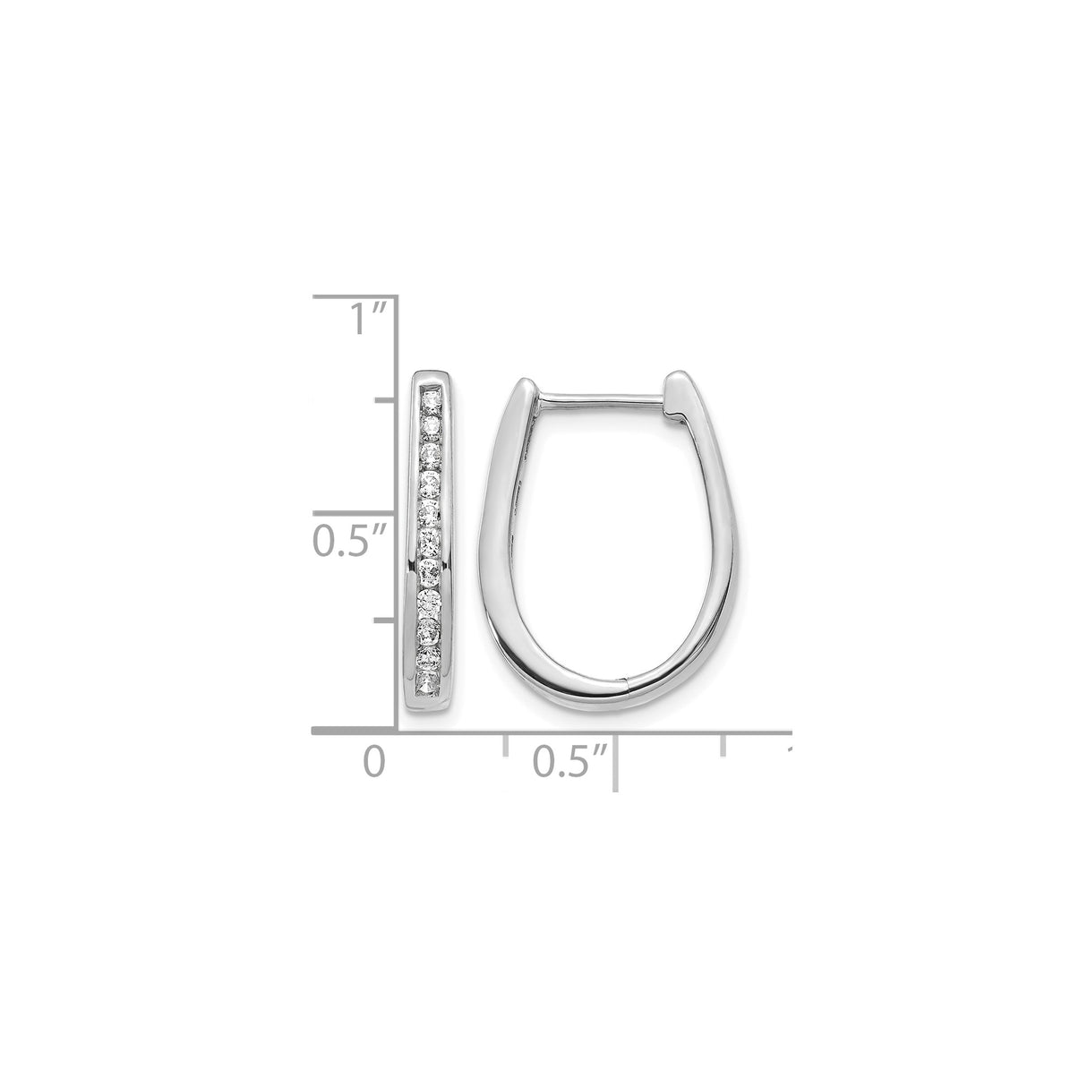10k White Gold Hoop Earrings with Cubic Zirconia, U-Shape Design, Hinged Back