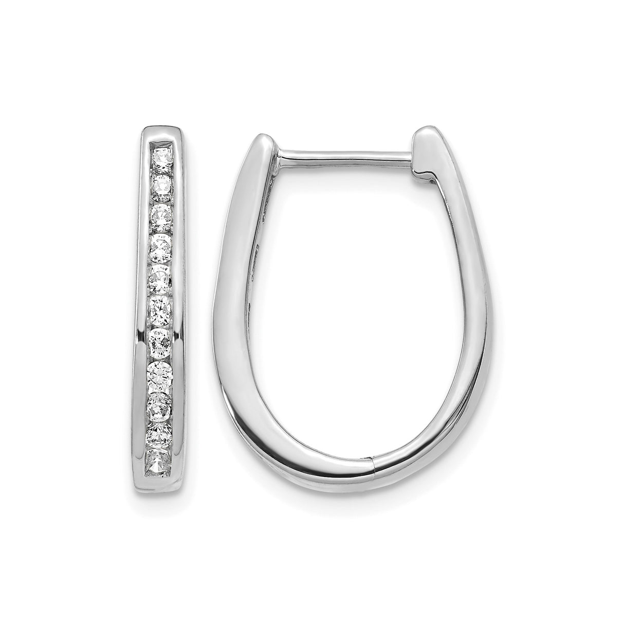 10k White Gold Hoop Earrings with Cubic Zirconia, U-Shape Design, Hinged Back
