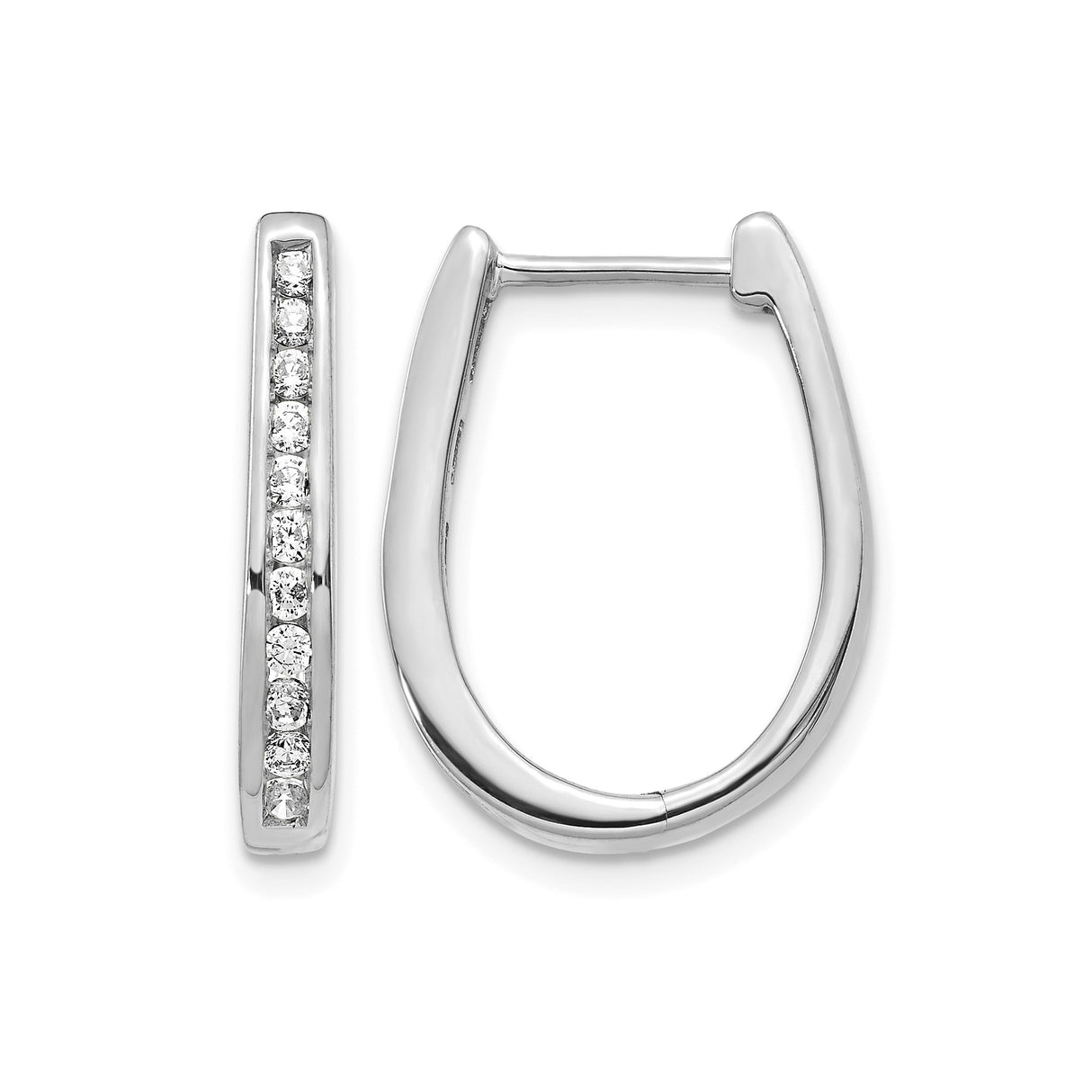 14k White Gold Hoop Earrings with Cubic Zirconia, U-Shape Hinged, Lightweight Modern Style