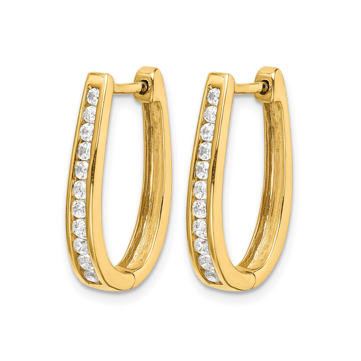 14k Yellow Gold Hoop Earrings with Channel Set Round Diamonds, Elongated Oval Design
