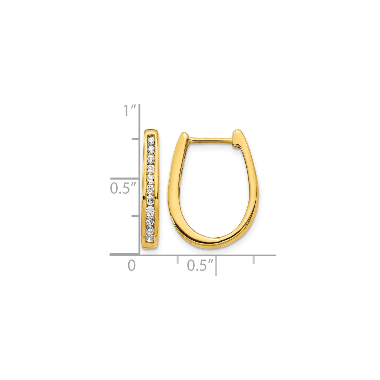 14k Yellow Gold Hoop Earrings with Channel Set Round Diamonds, Elongated Oval Design