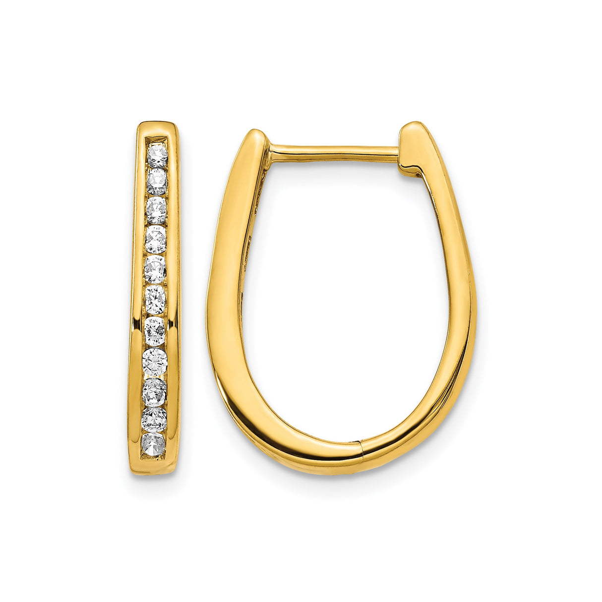 14k Yellow Gold Hoop Earrings with Channel Set Round Diamonds, Elongated Oval Design