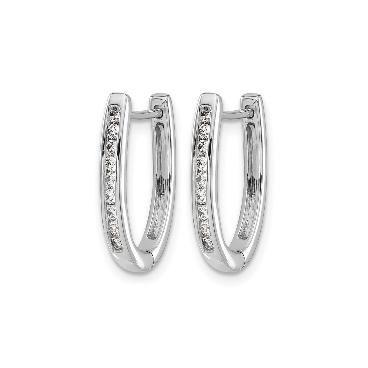 10k White Gold Oval Hoop Earrings with Channel-Set Diamonds, Lightweight Hinged Design