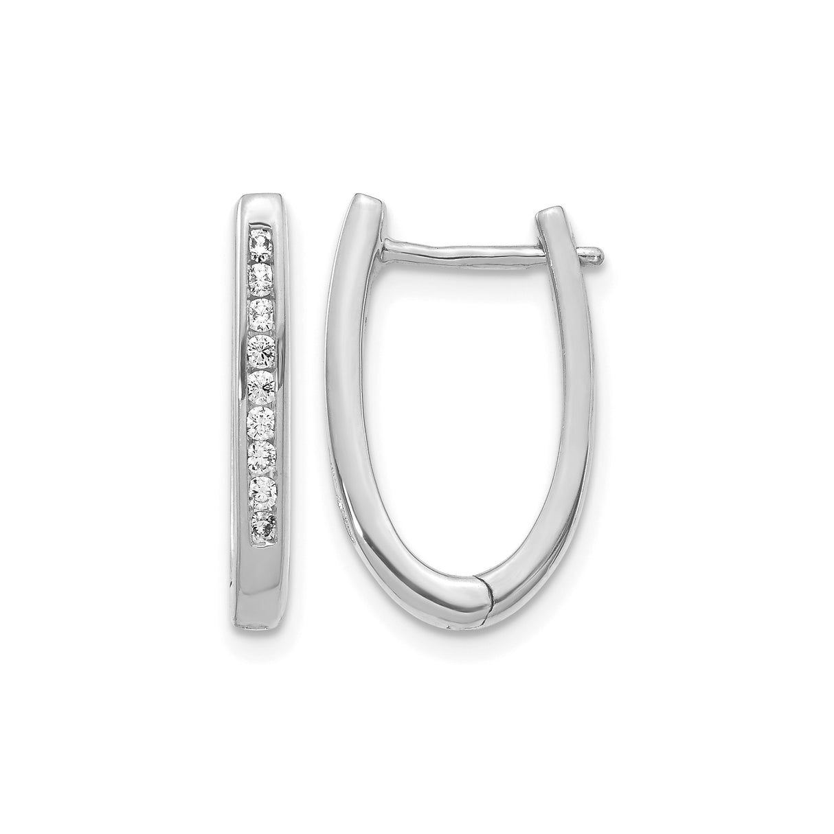 10k White Gold Oval Hoop Earrings with Channel-Set Diamonds, Lightweight Hinged Design