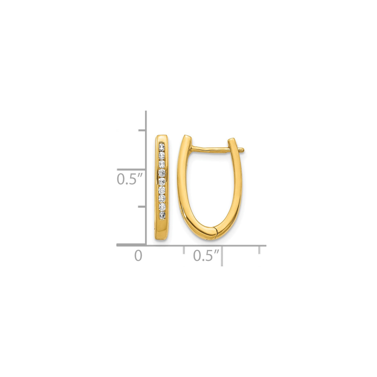 10k Yellow Gold Oval Hoop Earrings with Channel Set Cubic Zirconia, Lightweight Hinged Style