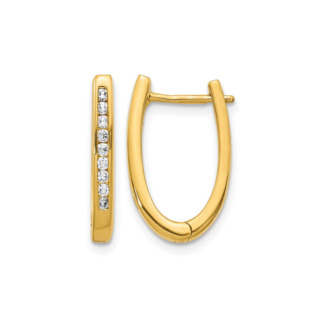 10k Yellow Gold Oval Hoop Earrings with Channel Set Cubic Zirconia, Lightweight Hinged Style