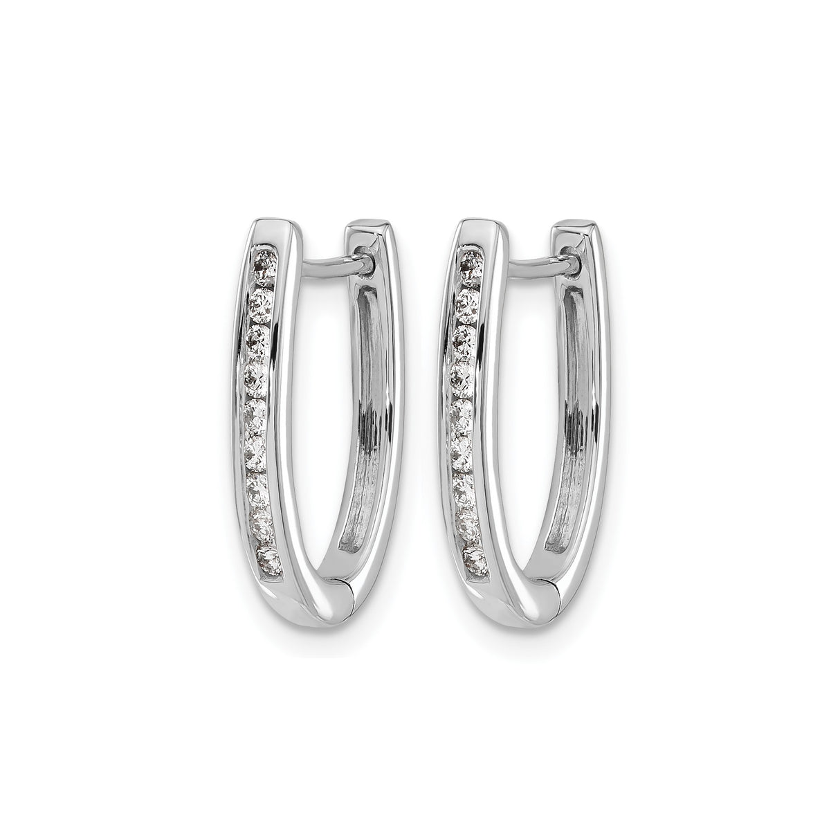 14k White Gold Oval Huggie Hoop Earrings with Channel Set Round Diamonds
