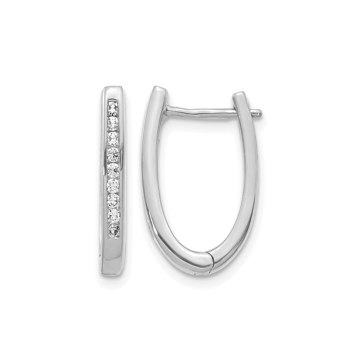 14k White Gold Oval Huggie Hoop Earrings with Channel Set Round Diamonds